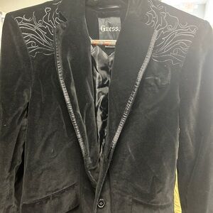 Guess Black Velvet Blazer with Embroidered Design
